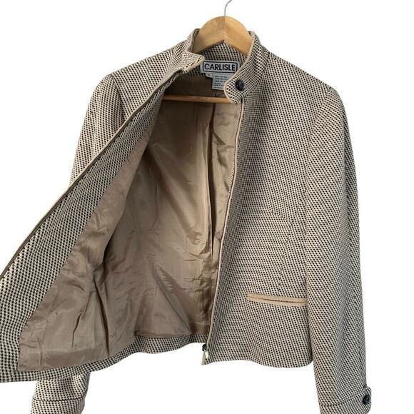 Carlisle Vintage 90s Woven Wool Blazer Jacket Tan Black High Collar Zip Up, Sz 4 - Picture 7 of 12